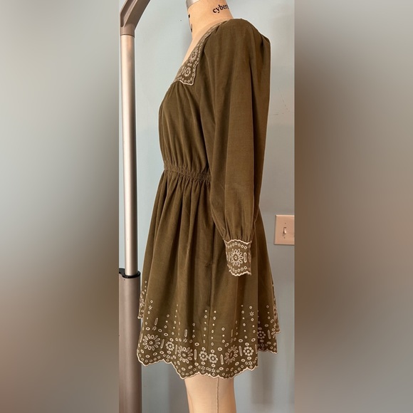 NWT Madewell Embroidered Corduroy Square-Neck Mini Dress - Green - Medium Petite - Picture 8 of 11